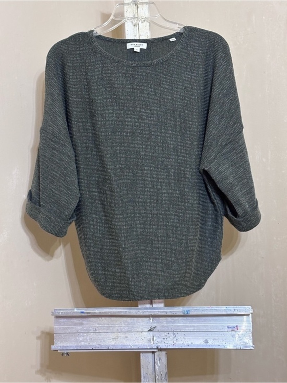 Max Studio Green /Grey Textured Ribbed Dolman Sleeve Top Boat Neck Size S